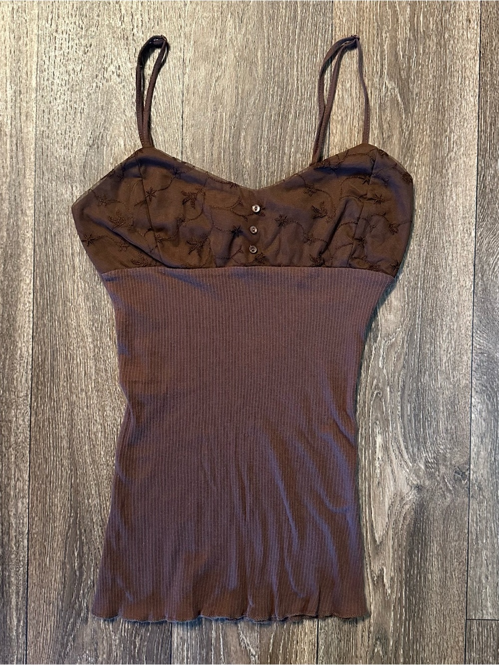 Maurices brown floral lace bust cami cotton ribbed lower body Sz L 2000s Y2K